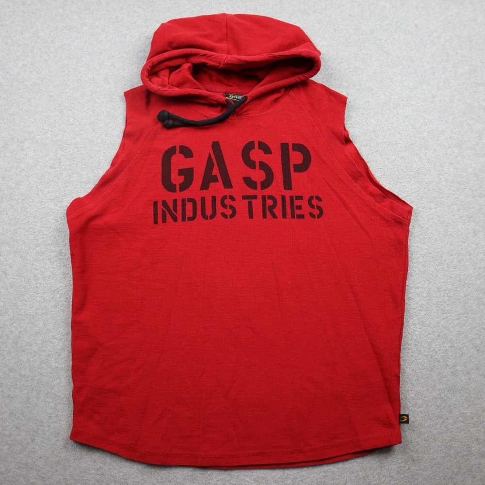 GASP Thermal SL Hoodie Mens M Red Sleeveless Gym Bodybuilding Waffle Knit Top